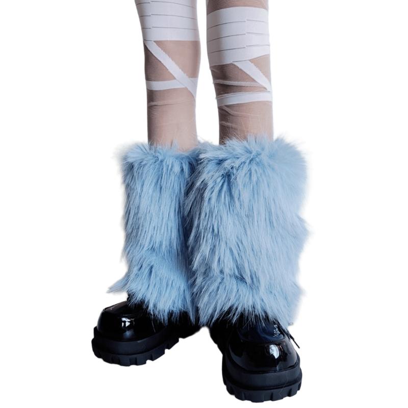 Plush Furry Leg Warmers for Women Cozy Winter Boot Toppers Thermal Warm Blue Fuzzy Foot Covers Footless Socks Gaiters