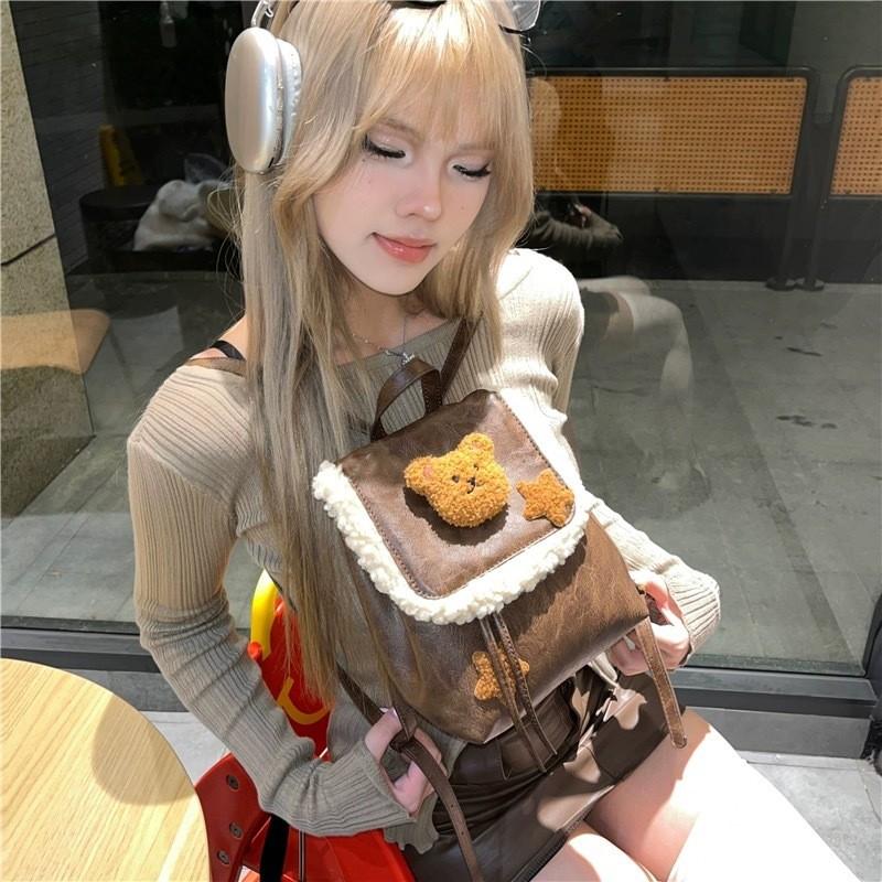 Plush Teddy Bear Printed Brown Backpack Outdoor Cute Casual Fashion Handbag