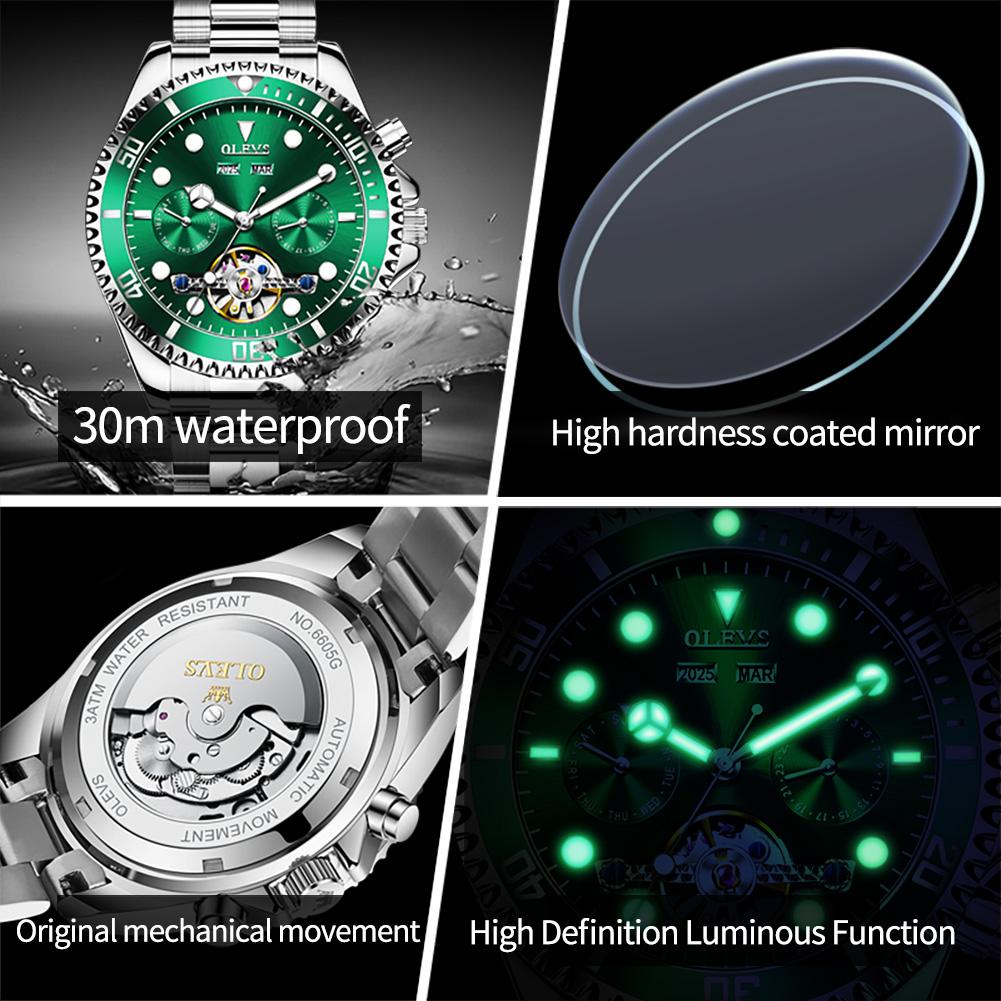 OLEVS 6605 Classic Original Mechanical Wristwatches For Man Skeleton Flywheel Calendar Business Automatic Men's Watch