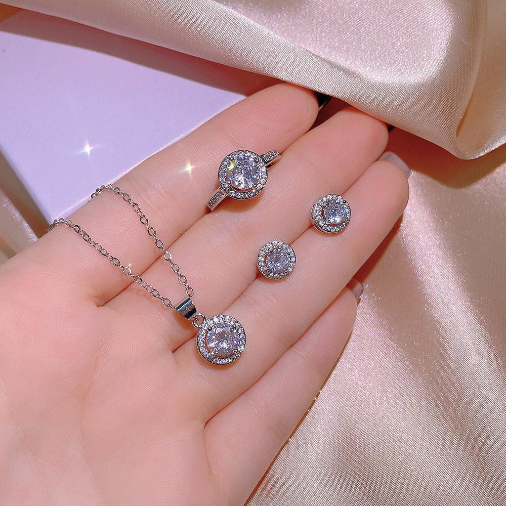 Luxury 3 Piece Sterling Silver Heart Cut Zircon Jewelry Engagement Ring Earrings Heart Pendant Women's Party Birthday Gift