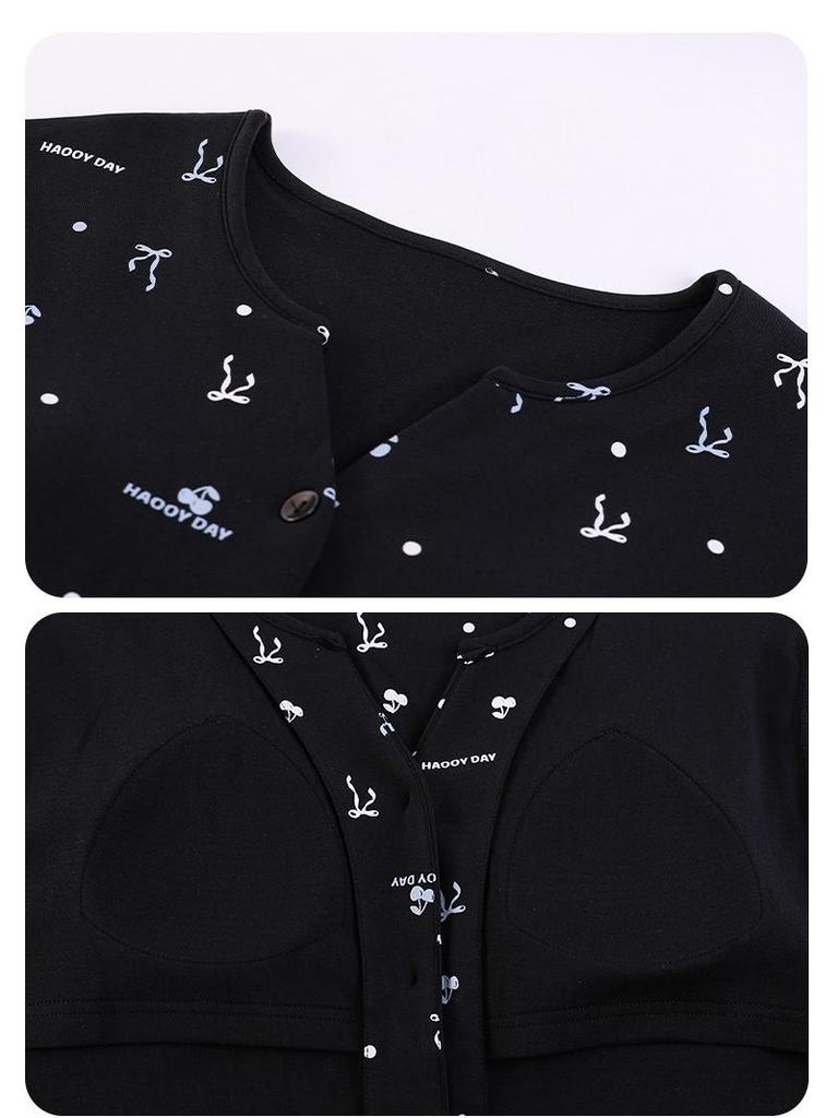 Women's Long Sleeve Cotton Kimono Pajamas with Chest Pads - Cute Cartoon V-Neck Set for Spring and Autumn