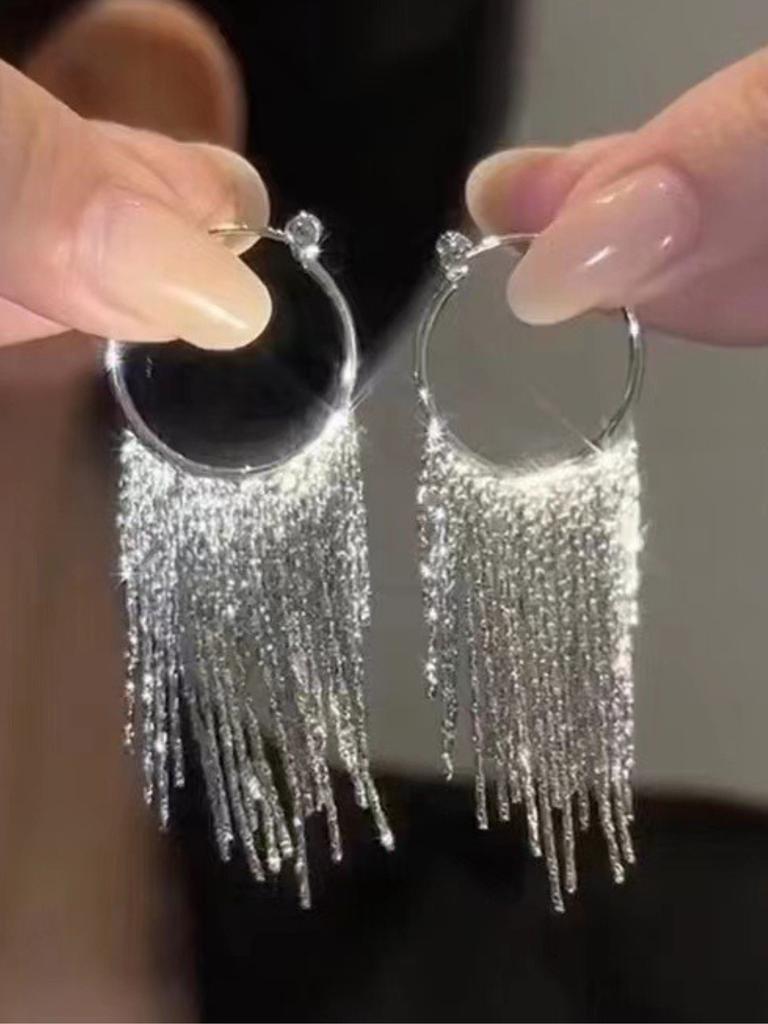 2pcs Fashionable and High-end Metal Long Circular Tassel Earrings and Banquet Dress Accessories