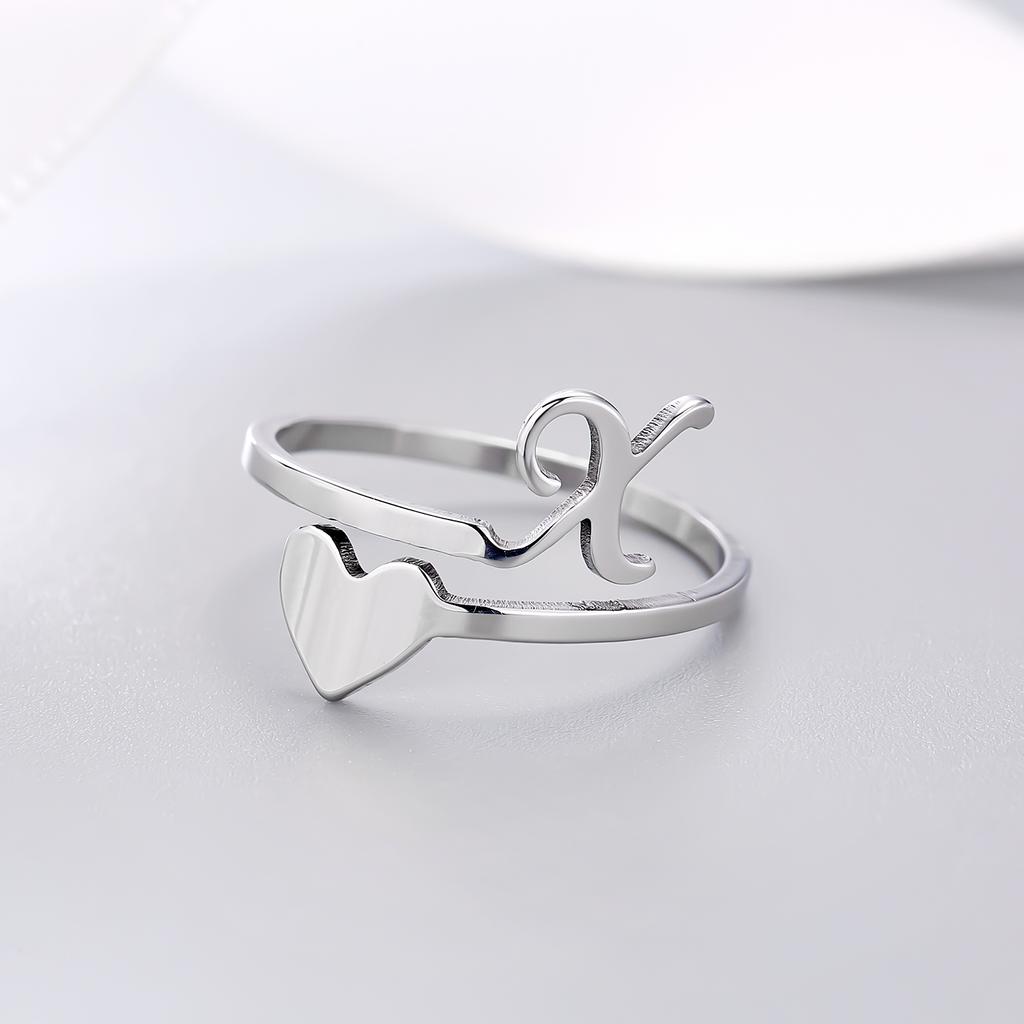 Silver Color 26 Letter Love Heart Rings Stainless Steel Open Ring for Women Men Couple Initial Name Finger Jewelry Gifts