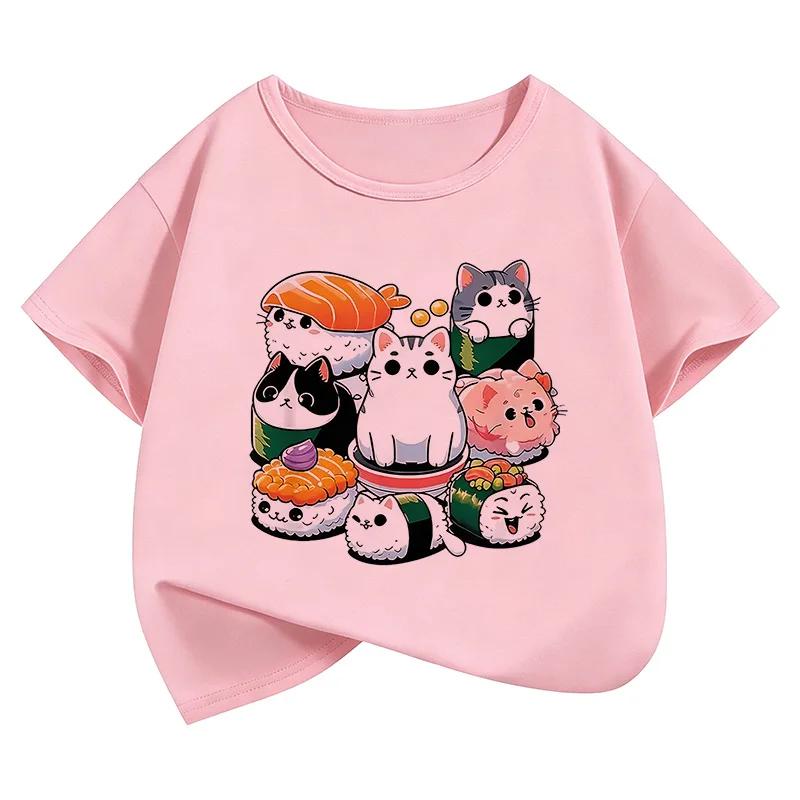 Funny Sushi Cat Food Design Printed T Shirts Short Sleeve Kids Childrens Tshirt Boys Girls Summer Spring Cute Top Tee Shirt