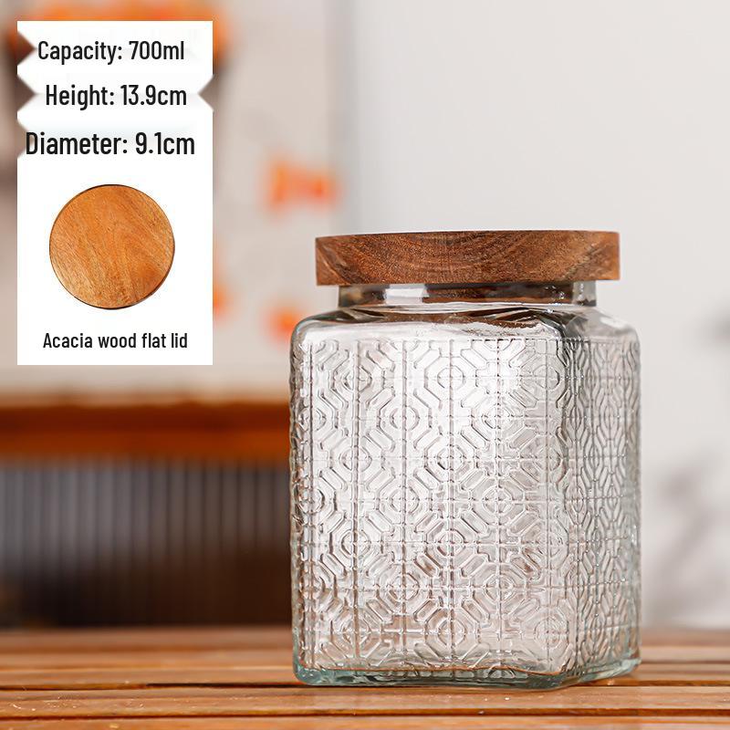 Retro Carved Storage Jar with Acacia Wood Lid for Grains, Dried Fruits, and Snacks