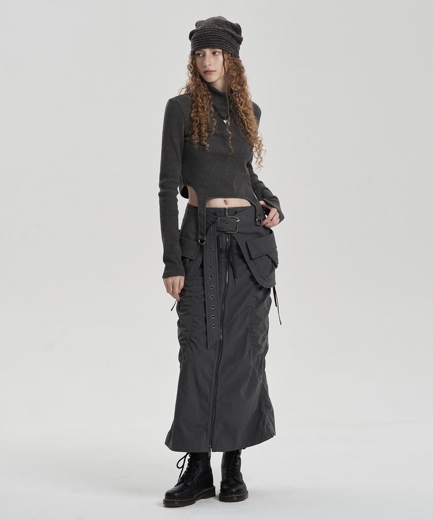 Jenyujeu Layered Belt Zipper Long Skirt - Charcoal