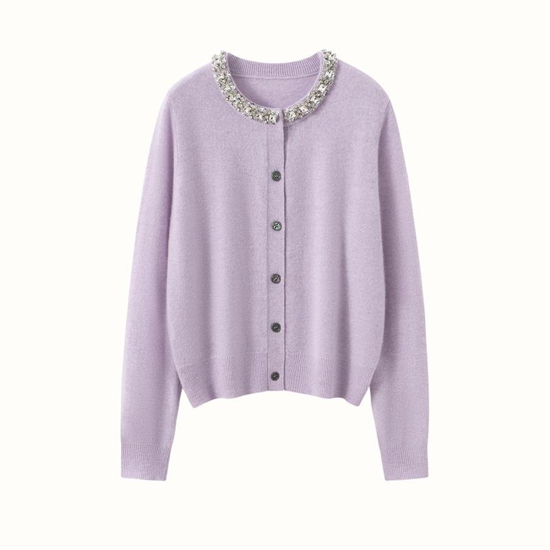 Autumn Winter Wool Knit Cardigan with Beaded Rhinestone Embellishments