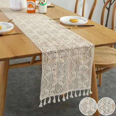 Crochet Hollow Lace Table Runner Tassels Beige 100% Cotton  Tablecloth Nordic Romance Table Cover Coffee Runners