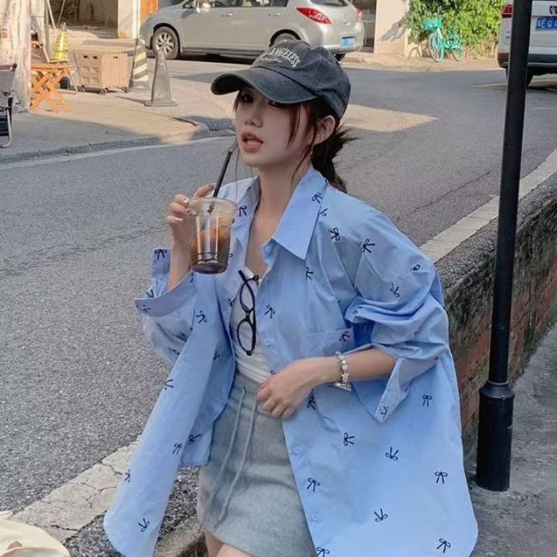 Solid Color Women's Shirt Bow Print Chest Pocket Turn Down Collar Long Sleeved Blouse Spring New Style Loose Casual Cute Version Female's Top