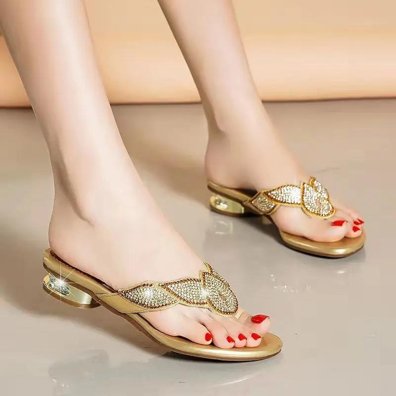 Women's Shoes 2024 New Rhinestone Sandals Women's Soft Leather Bottom Flip-flops Korean Version Beach Shoes