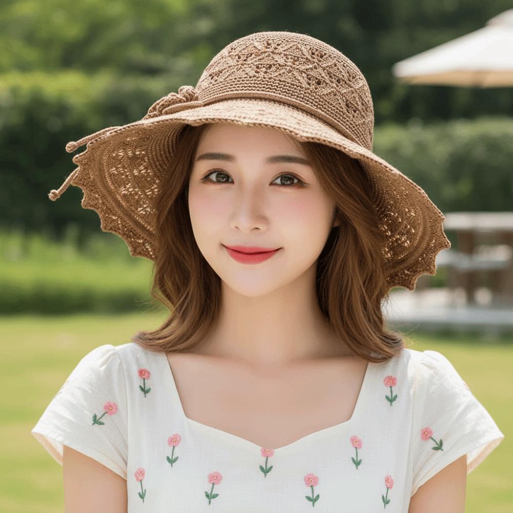 Portable Crochet Summer Sun Hat Foldable Hollow Out Women Fisherman Hat Weave Breathable Bucket Hat Beach