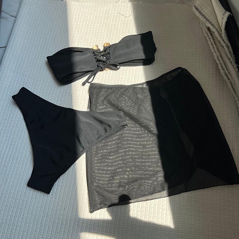 Bikini Donna Costume da Bagno Nuovo Monocolore Fascia Sexy Set Bikini Perizoma Costumi da Bagno Estivi 3 Pezzi Copricostume Costume da Bagno Donna