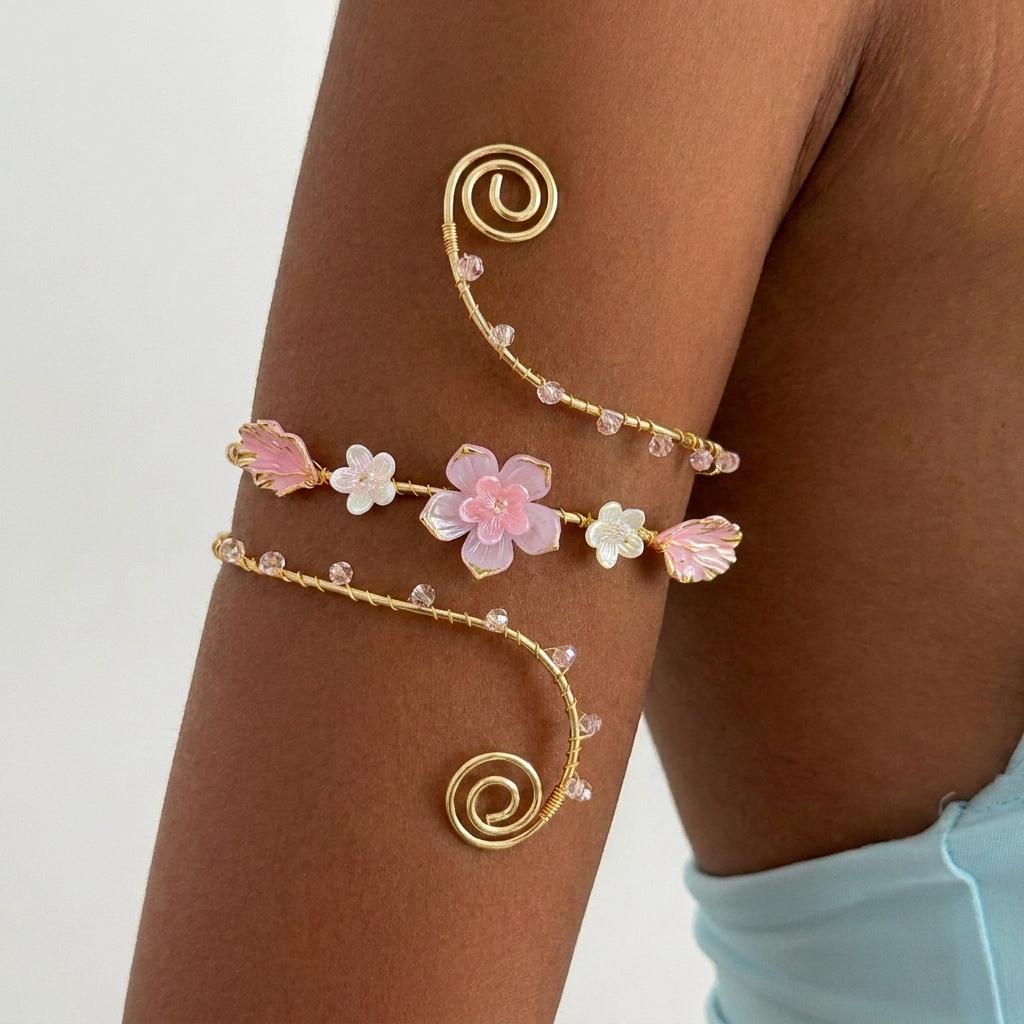 Boho Elegant Metal Flower Upper Arm Bracelet for Women Vintage Punk Gold Color Spiral Armlet Armband Beach Party Jewelry