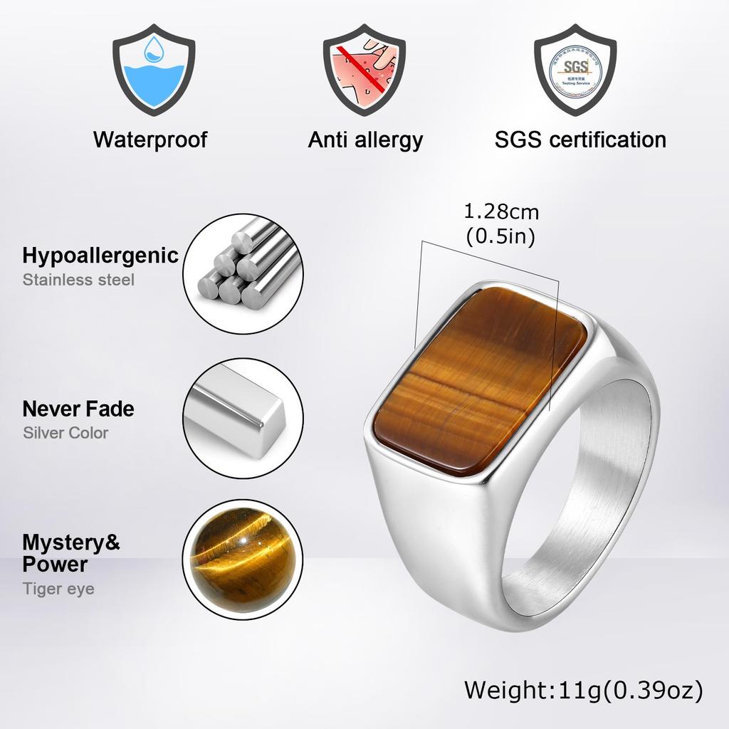 Heren RVS Geometrische Natuursteen Zegelring, Rechthoekige Tijgeroog Steen Dikke Ringen, Hoge Kwaliteit Mode Sieraden