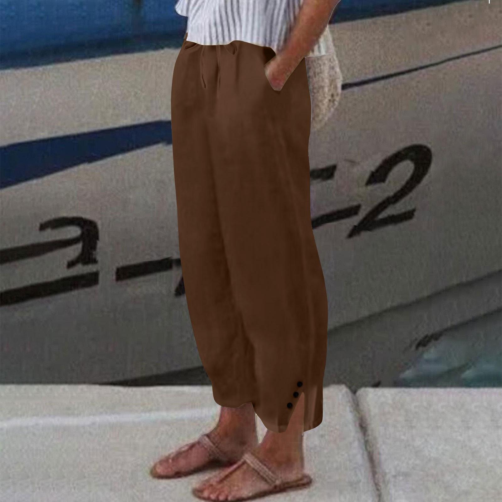 

Women s Linen Cropped Pants - Button Slit Hem Casual Trousers XXL коричневий