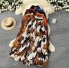 Women's High-Waisted Chinese Ink Print Pleated Midi Skirt