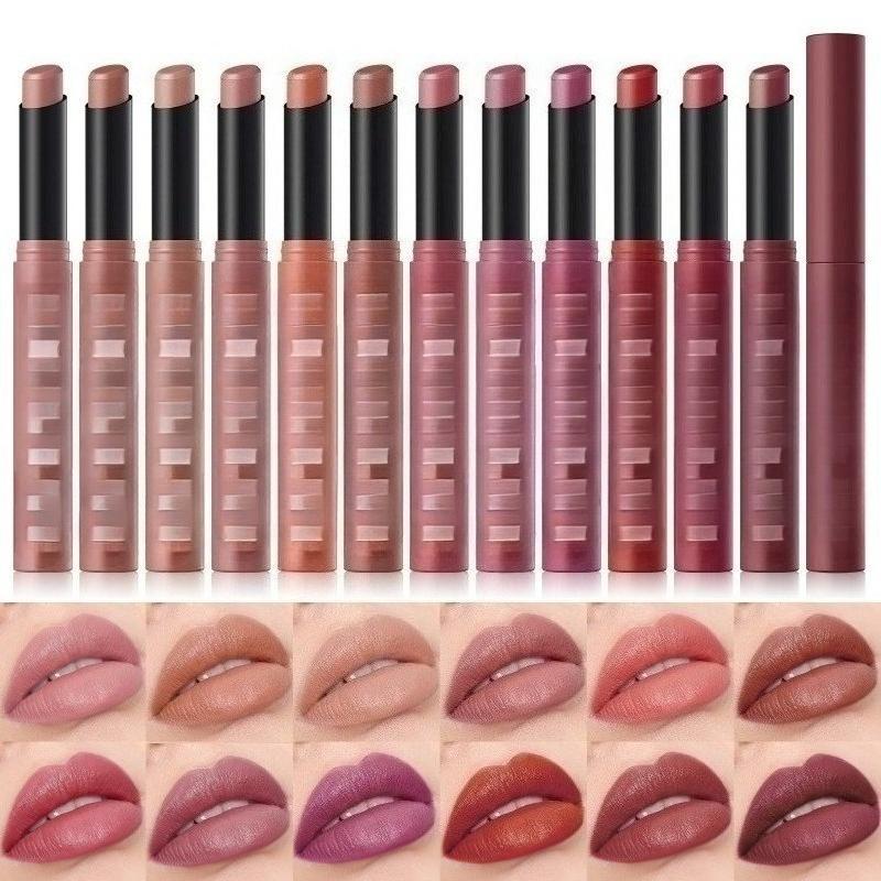 Matte Lipstick Non-Stick Cup Long-Lasting Velvet Finish Lipstick Pen Smooth Matte Lip Color Waterproof Non-Fading 12 Colors Nude