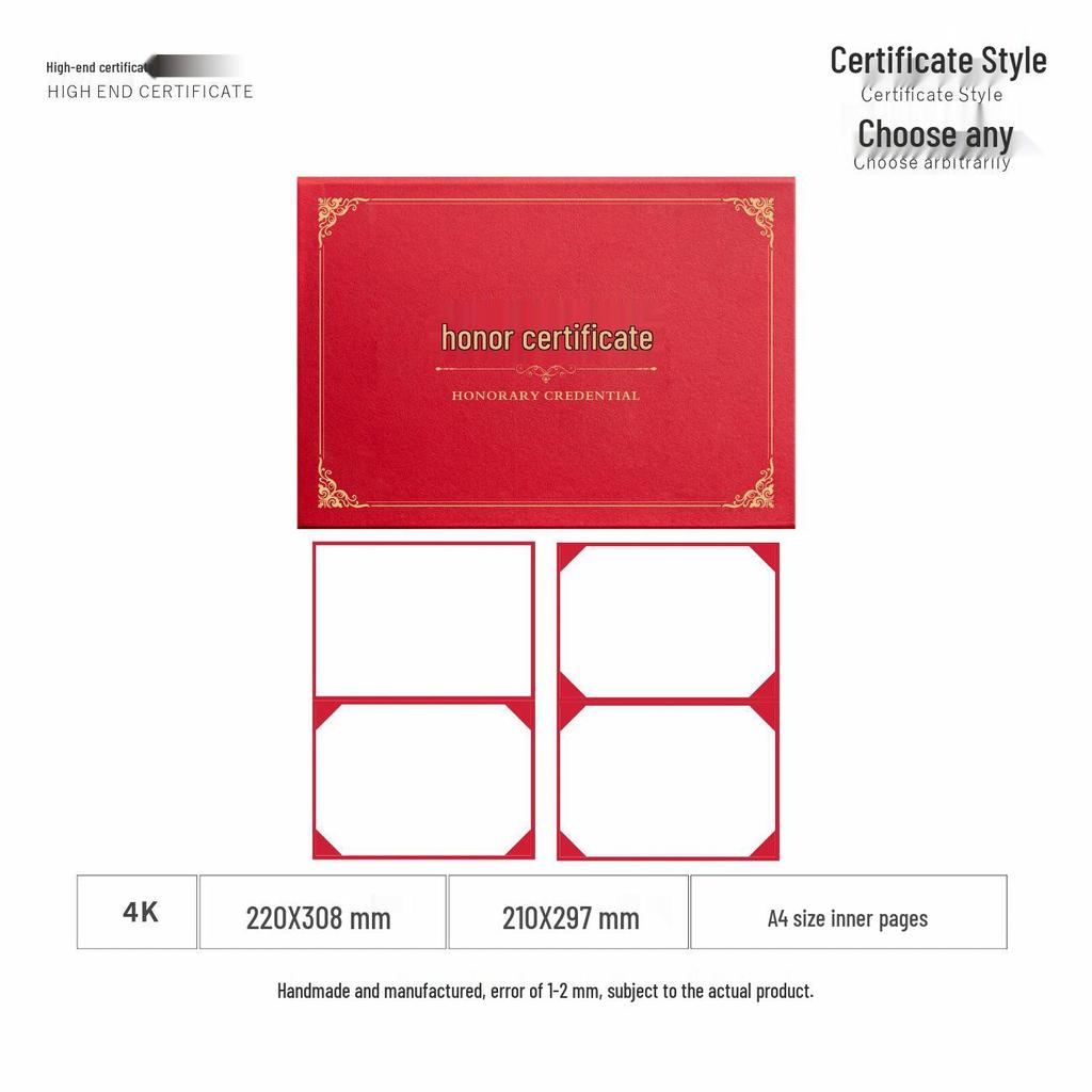Honor A4 Award Certificate: Leather Cover, Graduation, Appointment, Outstanding Employee Recognition