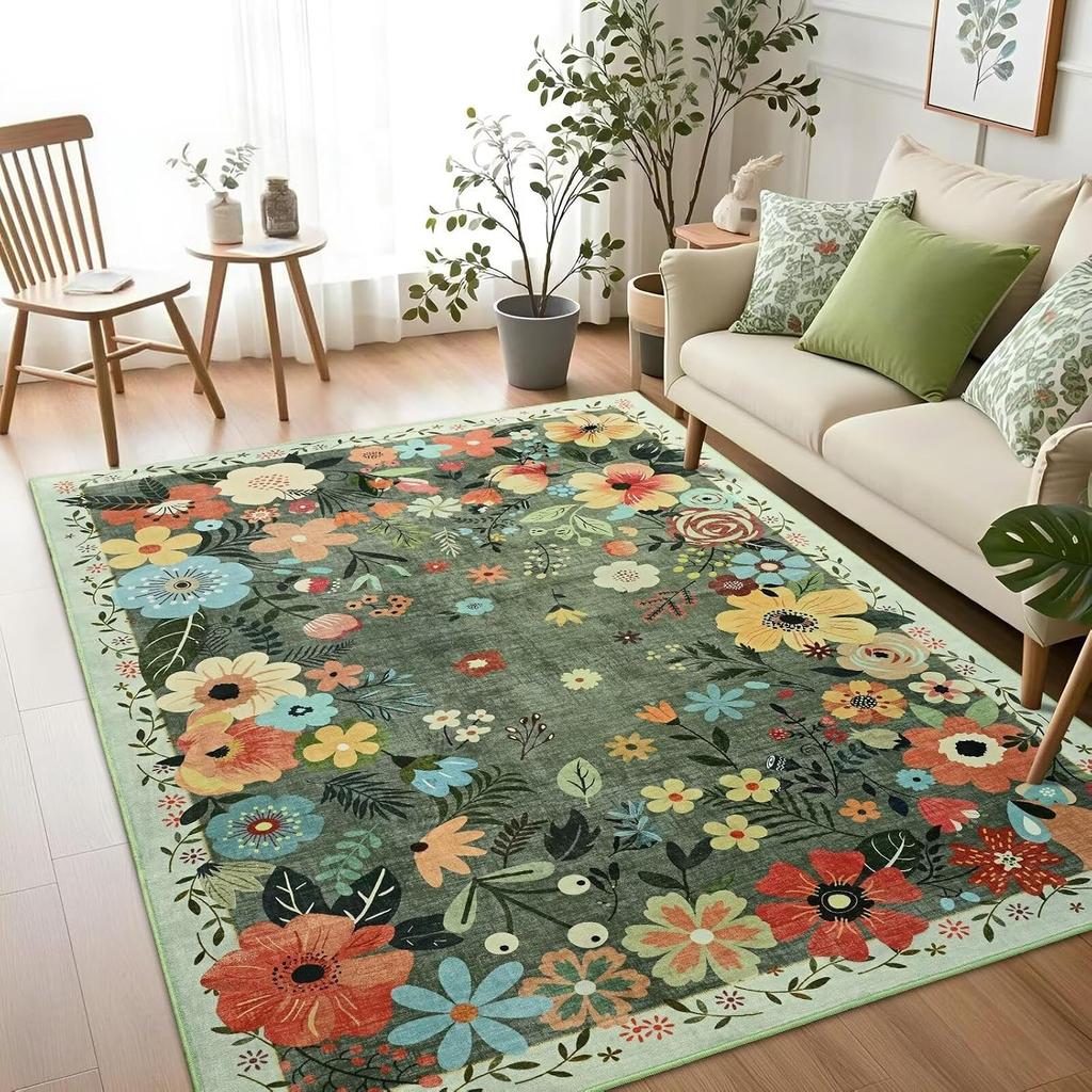 Sage Green Floral Area Rug, Washable Low Pile Carpet, Soft Non-Slip Mat for Living Room Bedroom Entryway