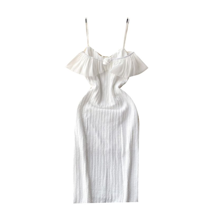 Socialite Style Fancy Banquet Birthday Banquet Party Dress Women's off-Shoulder Spaghetti Straps Ruffles Waist Dress