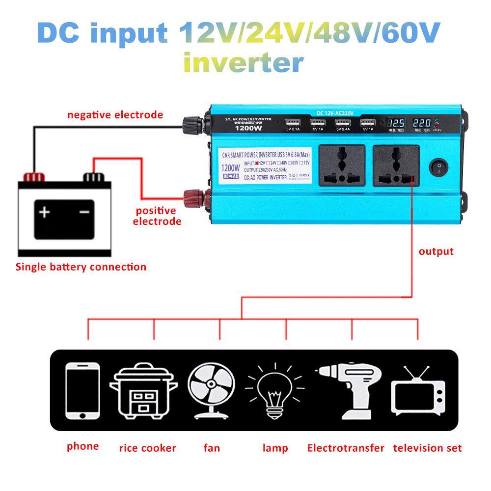 Invertor de mașină cu energie solară 4USB 3000W Invertor DC 12V 24V 48V la AC 220V Convertor de tensiune Transformator Afișaj LCD dublu