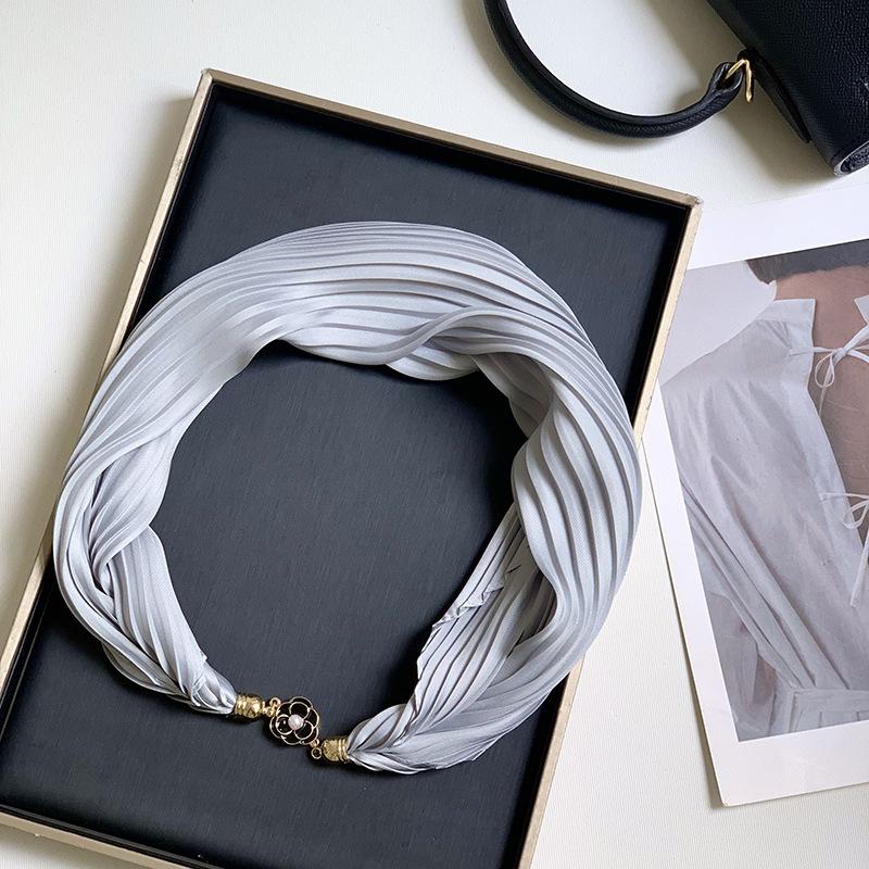 New Monochrome Magnetic Variety Silk Scarf Necklace Women's Pleated Summer Sunscreen Headscarf Decorative Scarf