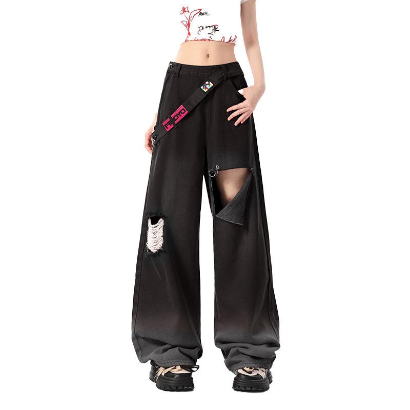 

Носите потертые джинсы для женщин. Американский модный лейбл. Маленькие и свободные повседневные прямые брюки с широкими штанинами. Длинные брюки. L чёрный