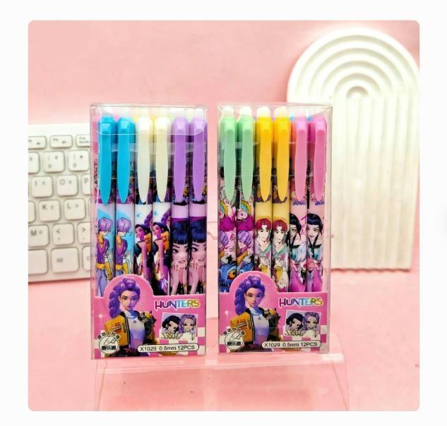 12pcs  Kpop Demon Hunters 0.5mm Erasable Gel Pen - Refillable & Retractable Black Ink Friction Pen for School Office Supplies