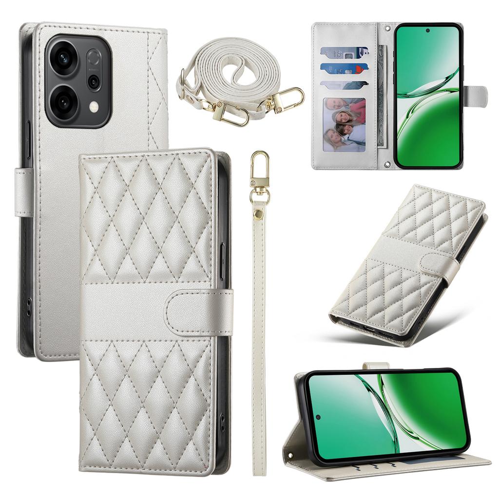 For Oppo Reno14 5G (Global) Case Rhombus Stitching Wallet Stand Leather Phone Cover with Long/Short Strap