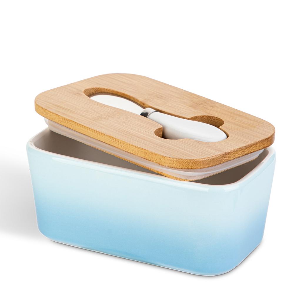 Bambusdeckel mit Keramik-Butterstreicher Butterdose Küche Kühlschrank Aufbewahrung Vorratsdosen Aufbewahrung Frischhaltebox Haushaltsgeschirr