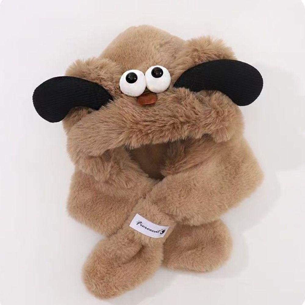 Dog Ears Cute Hooded Scarf Creative Plush Integrated Hat Hat Scarf Set Winter
