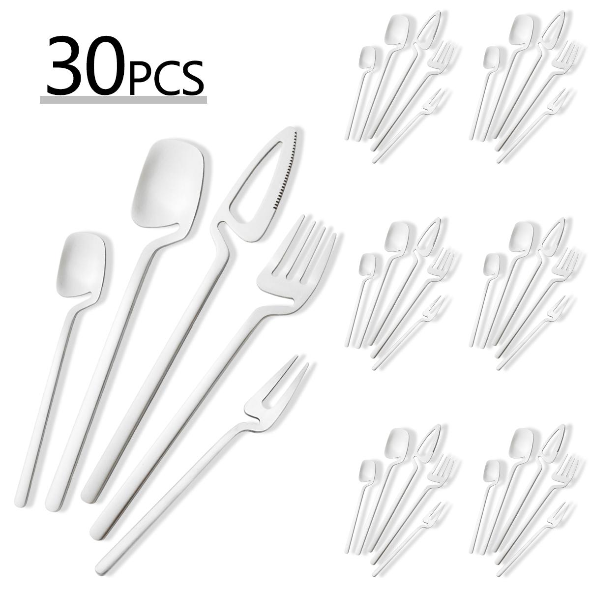 

30 шт. Креативный набор столовых приборов «Роза» Нож Вилки Кофейная ложка Набор посуды Матовая нержавеющая сталь Столовая посуда для вечеринки Кухонные столовые приборы серебряный