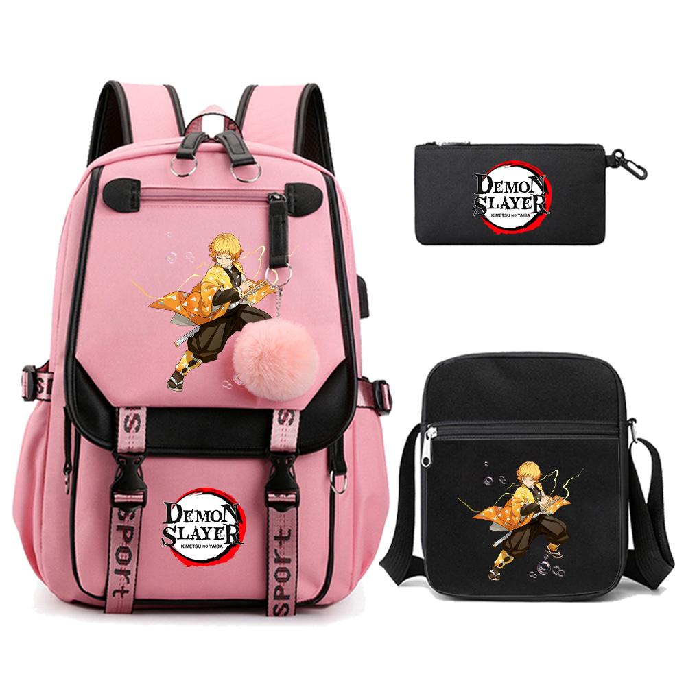 3Pcs/set Cartoon Demon Slayer Printed Backpack with Shoulder Bag for Teenager Student Girl Boy Bookbag Large Capacity Travel Bag