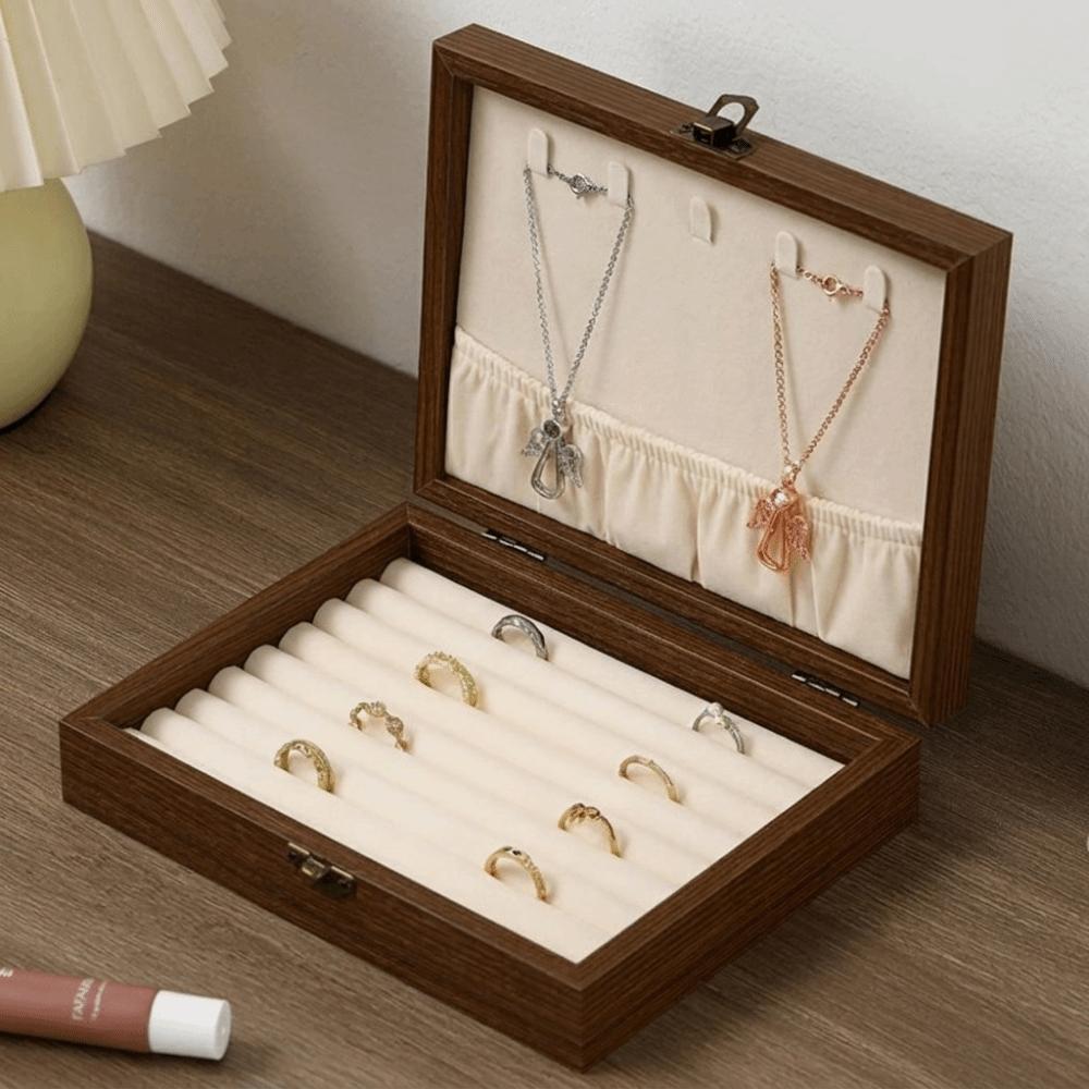 Walnut Wood Glass Lid Velvet Lined Velvet Interior Necklace Hanging Panel  Bracelets Storage 3-Beige