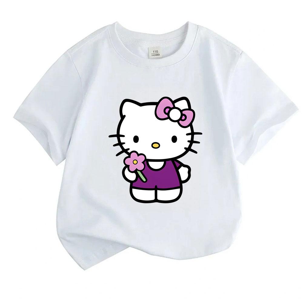 Kids Boys Girls Crew Neck Short Sleeve 100% Cotton T-Shirt, Cute Cartoon Cat Print Casual Soft Breathable Tee with Lovely Pink Flower, Comfortable Dai
