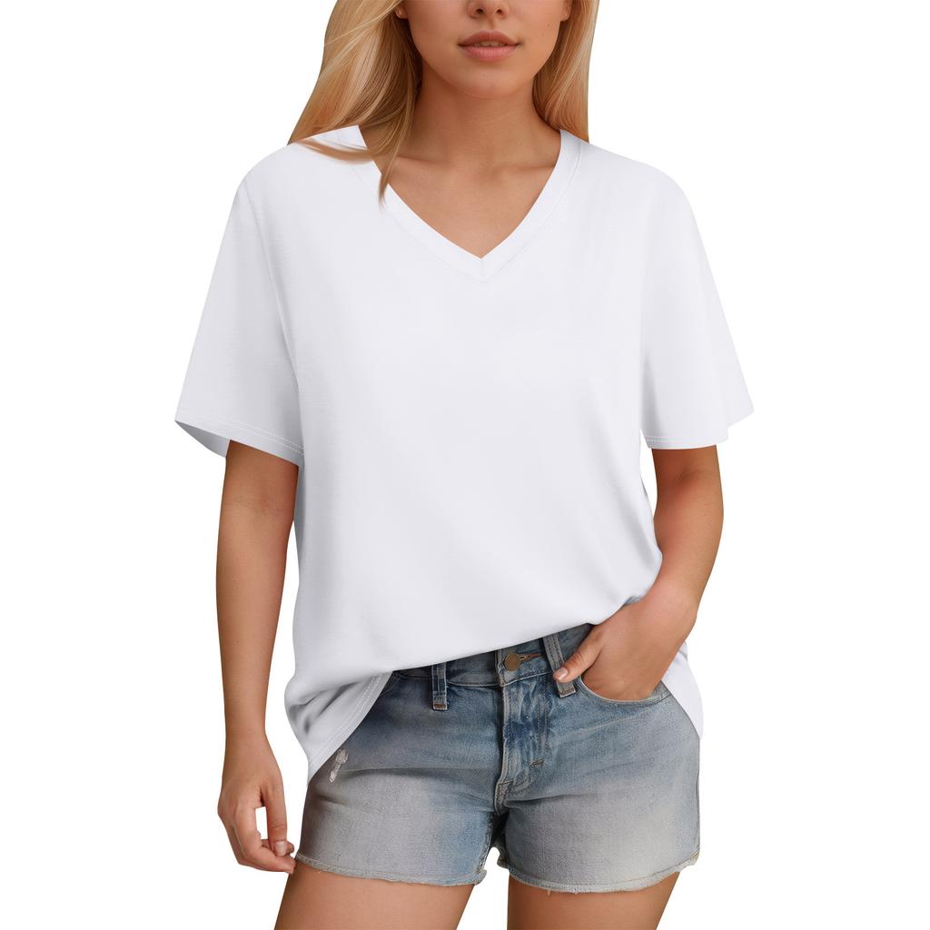Women's T-Shirt V Neck Short Sleeve Color Casual Loose T-Shirt Top