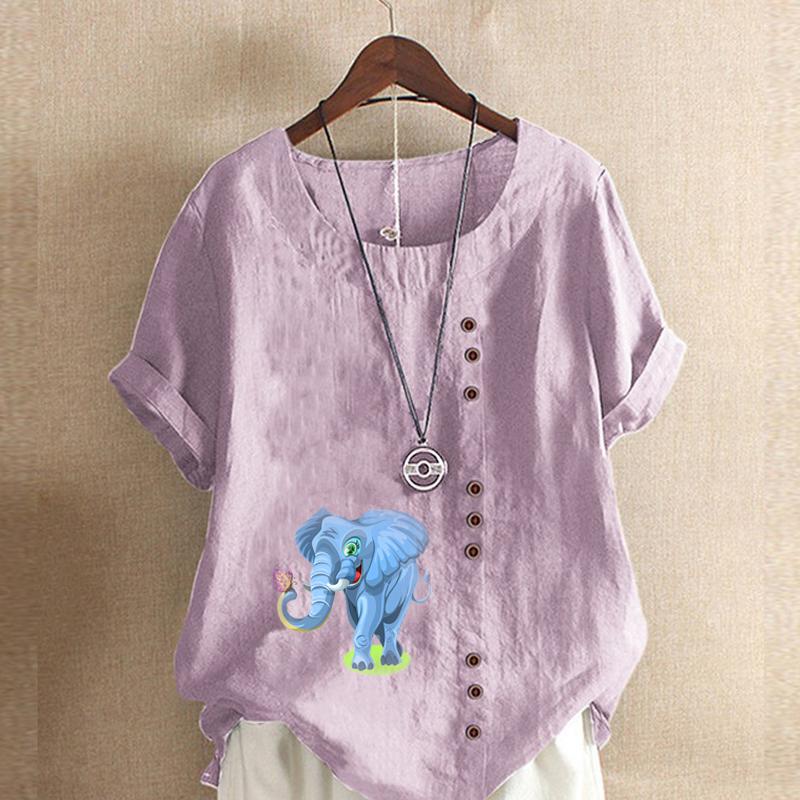 Women's Fashion Elephant Print Short Sleeve T-shirt Loose Cotton Shirt Casual Loose Summer Blouse Tops Plus Size