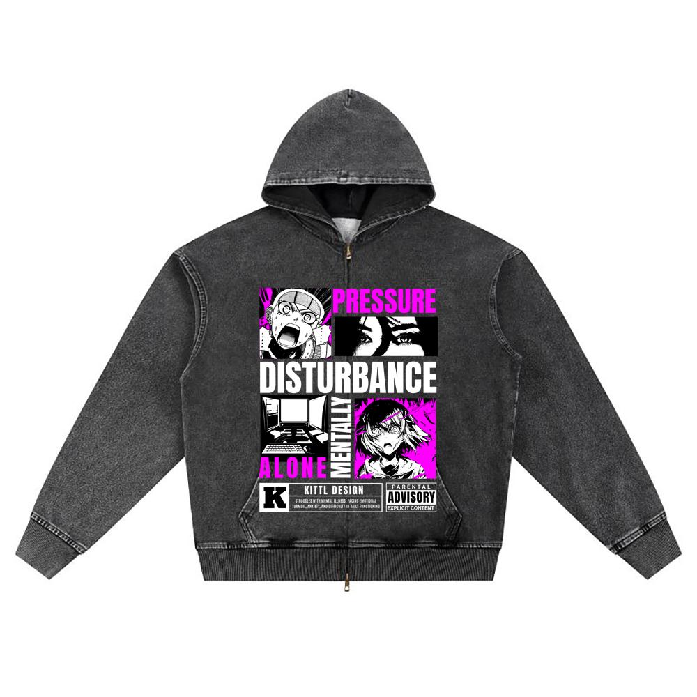 

DTG print Knitted Denim Zip-Up Hoodie Pressure Disturbance Mentality Brother Print Zipper Hoodies S