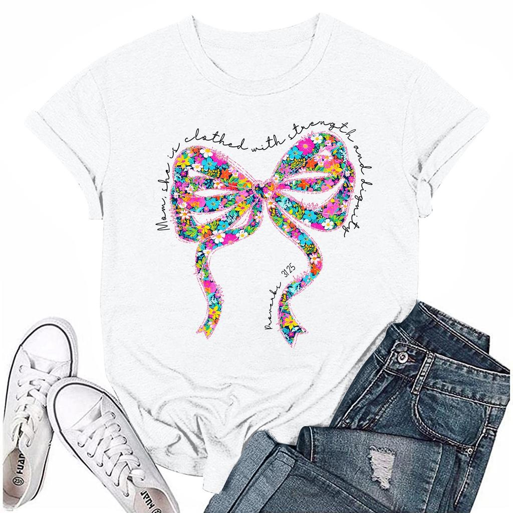 Women Casual Daily Round Neck Printed Short Sleeved T-shirt Letter Top