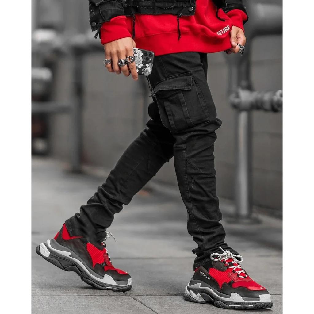 DRIPX Street Elastic Jeans Men Denim Cargo Pants Wash Solid Color Multi Pockets Casual Mid Waist Trousers Slim Fit Daily Wear Joggers