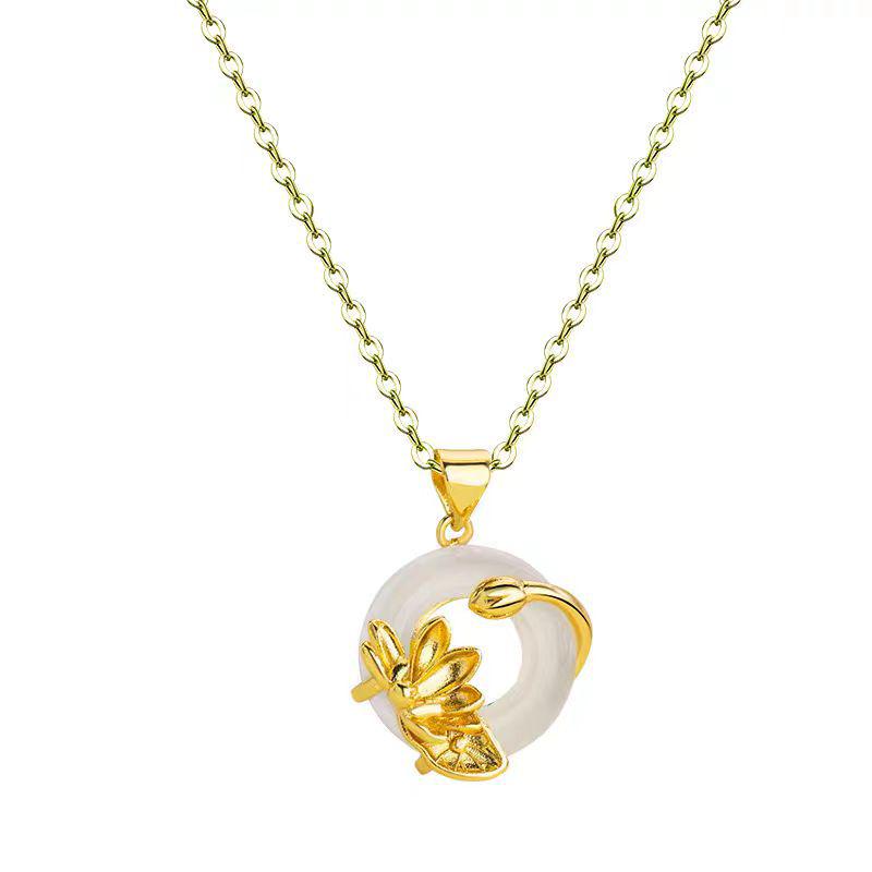 Chinese-Style White Agate Lotus Pendant Necklace - Elegant Gift for Women