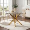 Round Dining Table, 80 X 80 X 75 Cm, Glass Top, Gilded Legs, Can Be Used As Coffee Table/Side Table, Modern Minimalist Style, Gold + Glass