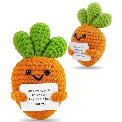 Handmade Crochet Smiling Carrot Plush Doll with Positive Message Sign - Fabric Collectible Figure for Party Decor Charming