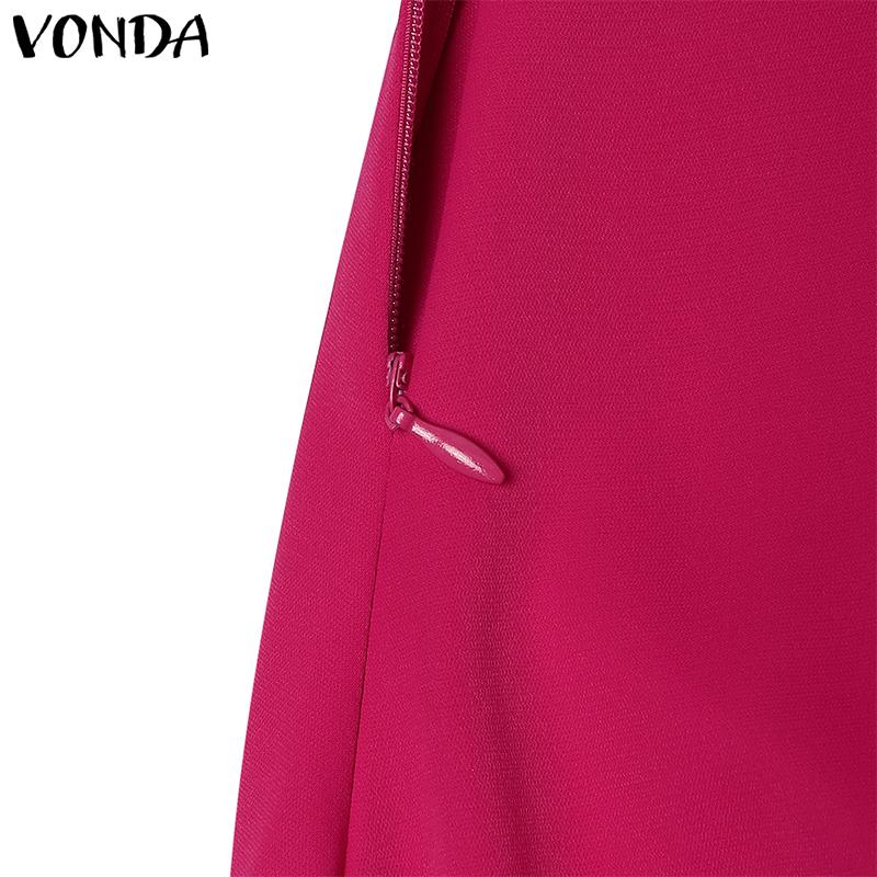VONDA Women V Doll Collar Short Sleeve Solid Baggy Pleated Ankle Length Dress