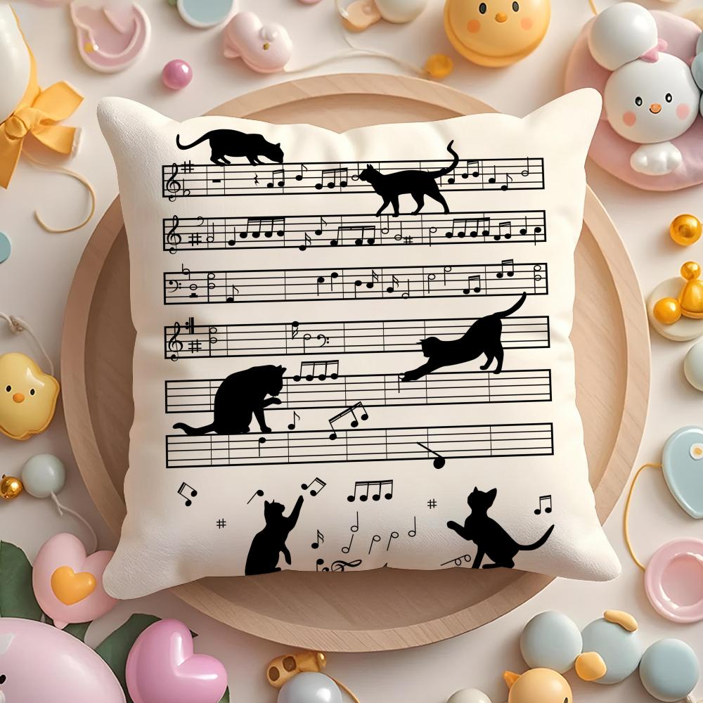 Cat Musical Symbol Cushion Cover Short Plush Double-Sided Printing Home Machine Washable In Warm Winter Pillow Cover