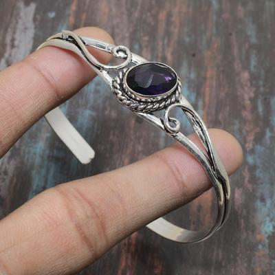 Bracciale rigido gioielli fatto a mano in argento sterling 925 con pietra preziosa ametista regolabile per il Ringraziamento