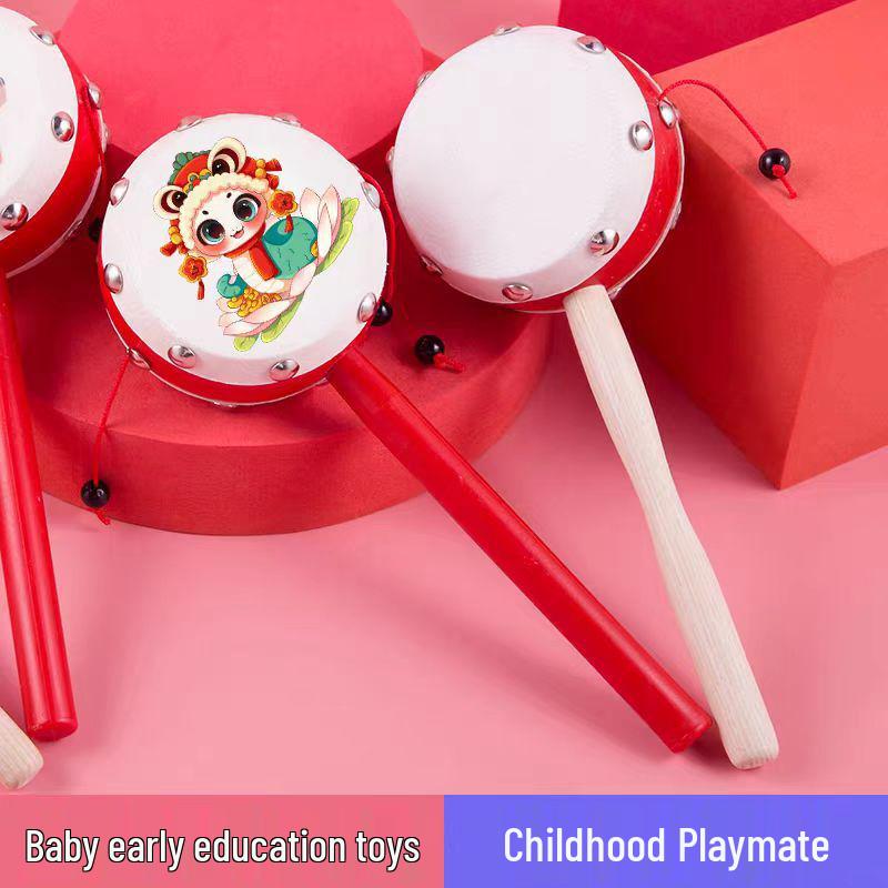 Lambskin Rattle: Wooden Baby Hand-Shaking Drum, Drop-Resistant, Chewable Musical Toy