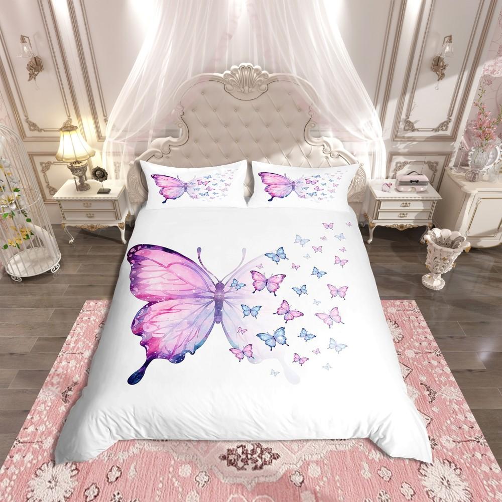 Homewish Blue Pink Butterfly Duvet Cover Set,Romantic Dreamy Animal Bedding Set,Teens Girls Kids Female Reversible Bed Set