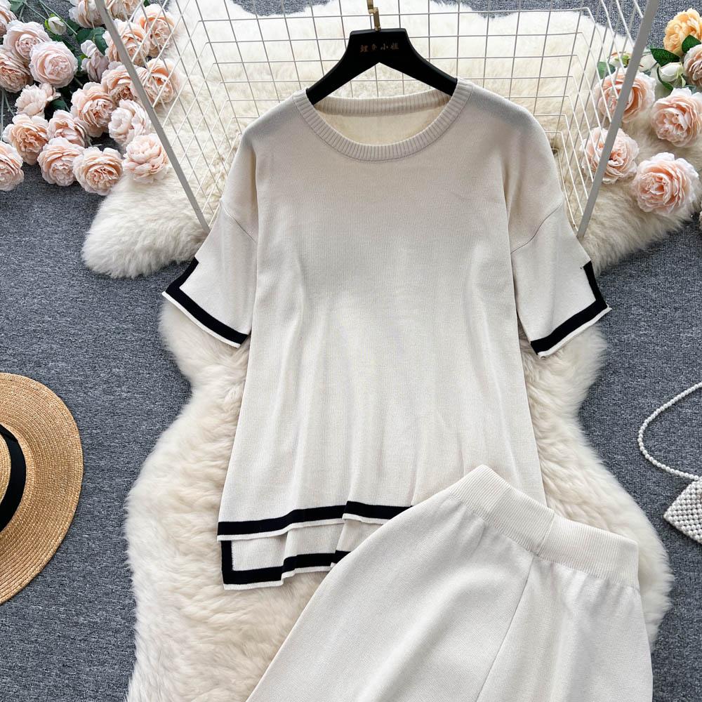 Basic O-hals Vår Sommar Kvinnor Stickad Tröja Set Mode Lös Casual Tvådelad Kortärmad Träningsoverall Dambyxdräkt
