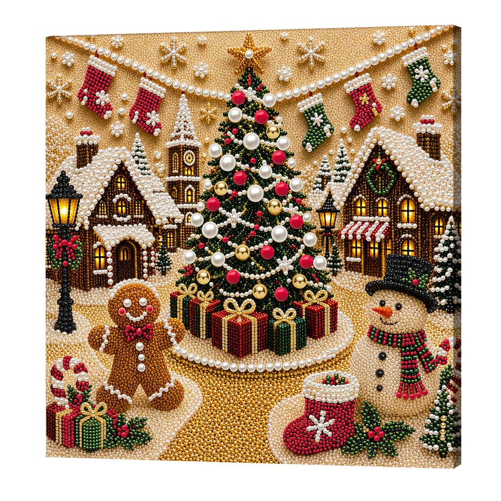 Framed Christmas Train Snowy Cottage Pearl Art Kits for Adults Beginner-Friendly Diamond Art Pearl Beads Painting Kit 30x30cm